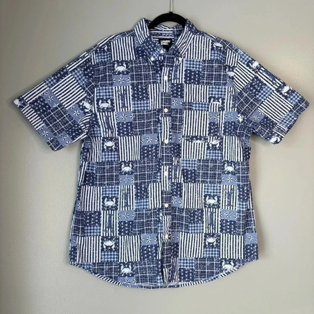 Lands End Large Lobster & Crab Patriotic Patchwork Short Sleeve Button Down Blue